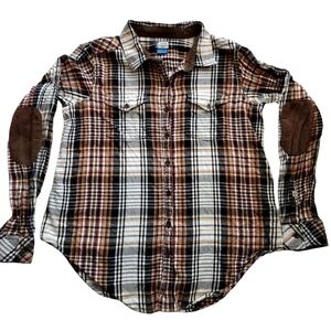 Kavu sz L Brown Plaid Flannel Button Down Elbow Patches